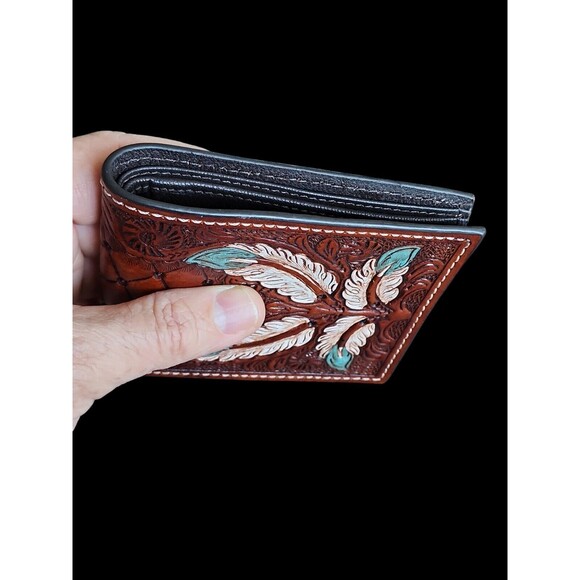 Western Chestnut Leather Bi-fold Wallet Floral FeatersTooled Basket Weave - Picture 6 of 9